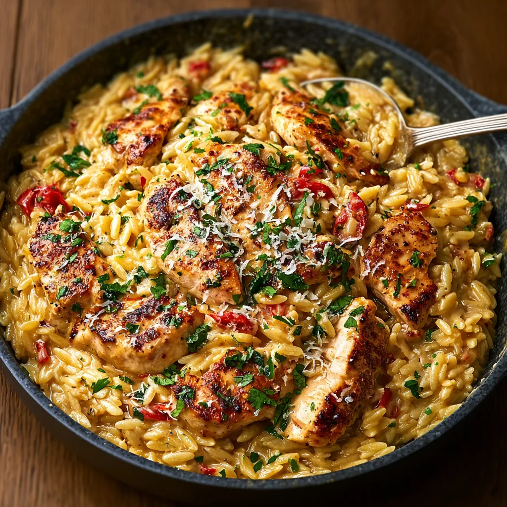 Close-up of creamy Cajun Chicken Alfredo Orzo, showcasing the tender chicken and vibrant spices.