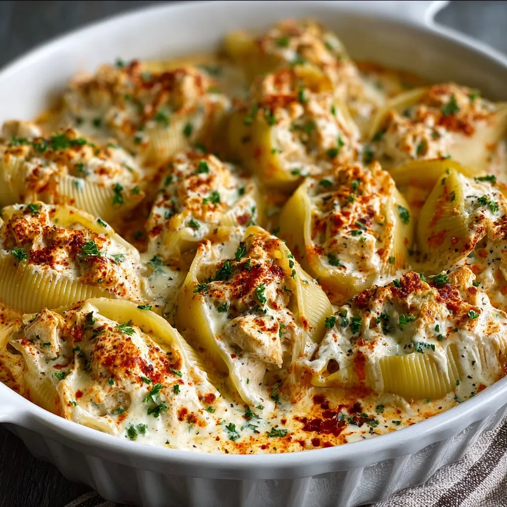 Close-up shot showcases the creamy filling of Cajun Chicken Stuffed Shells, ready to be enjoyed.