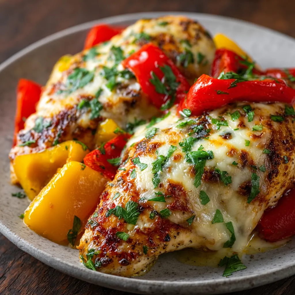 A close-up shows a delicious pan of Cheesy Baked Chicken Breast and Peppers, bubbling with melted cheese.