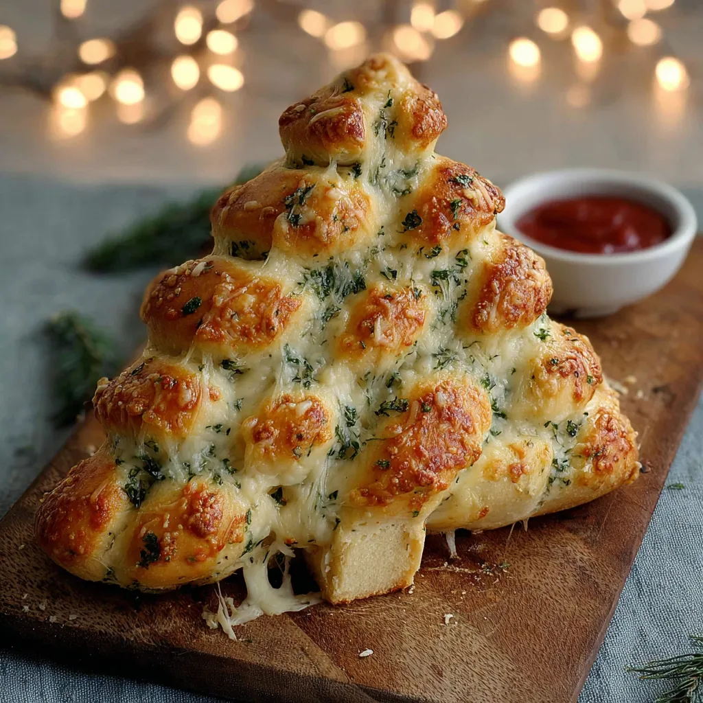 Close-up shows a golden-brown, baked Cheesy Christmas Tree Bread, ready to be served as a festive appetizer.