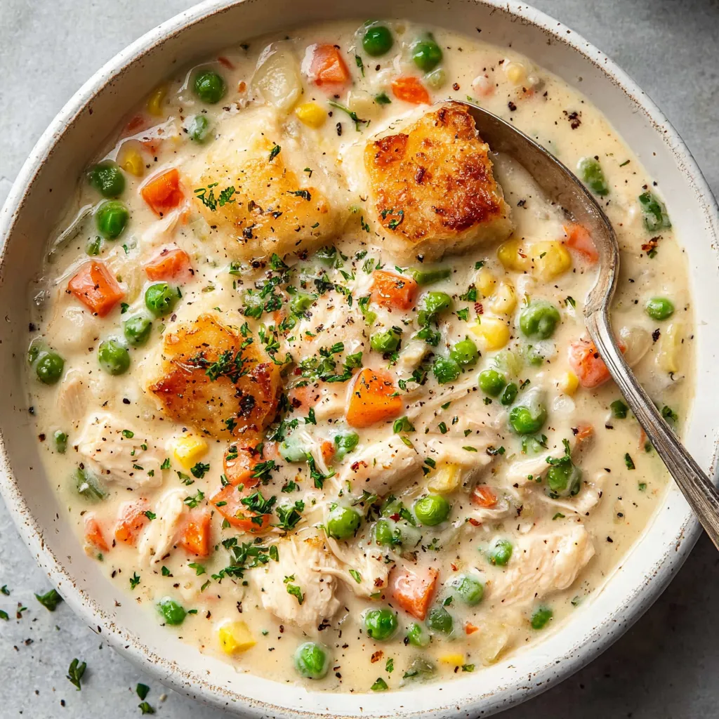 Close-up of creamy Chicken Pot Pie Soup in a bowl, showcasing its rich texture and flavorful ingredients.