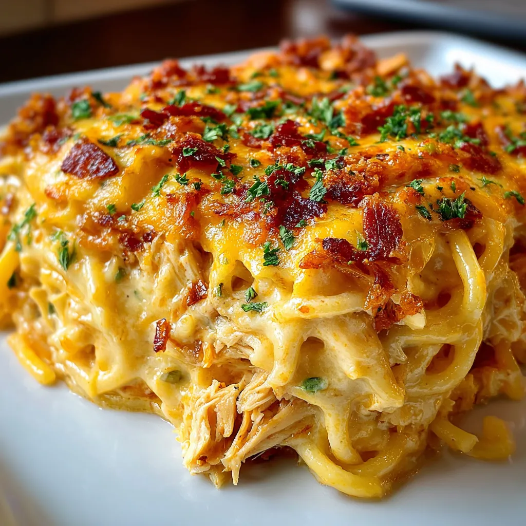 A close-up shot showcases a delicious serving of Chicken Spaghetti Casserole, highlighting its creamy sauce and perfectly baked top.
