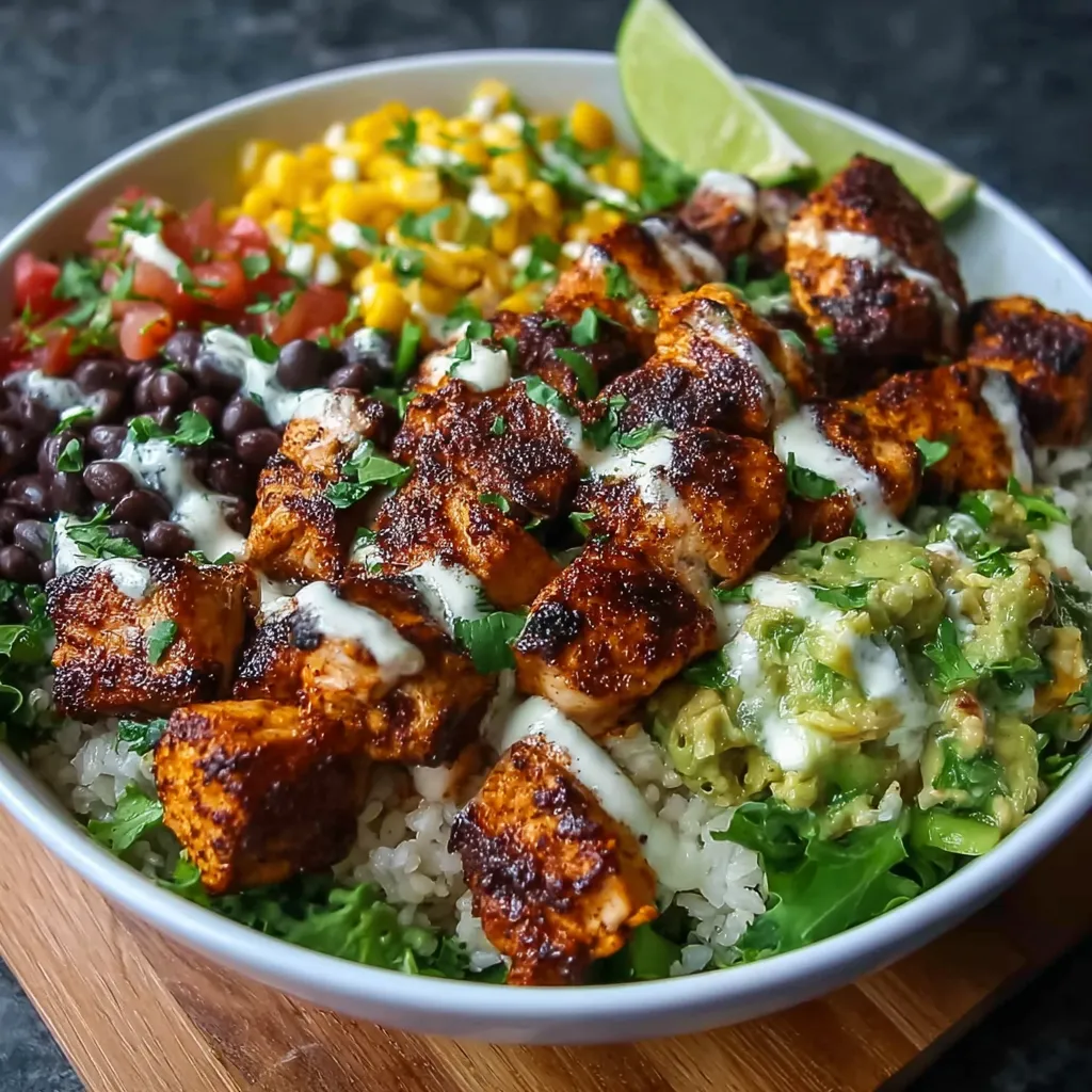 A close-up shot showcases a delicious Chipotle Chicken Bowl, overflowing with chicken, rice, beans, and fresh toppings.