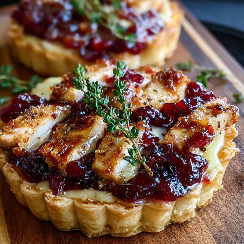 Close-up of a freshly baked Cranberry Brie Tart, showcasing the golden crust and gooey cheese filling.