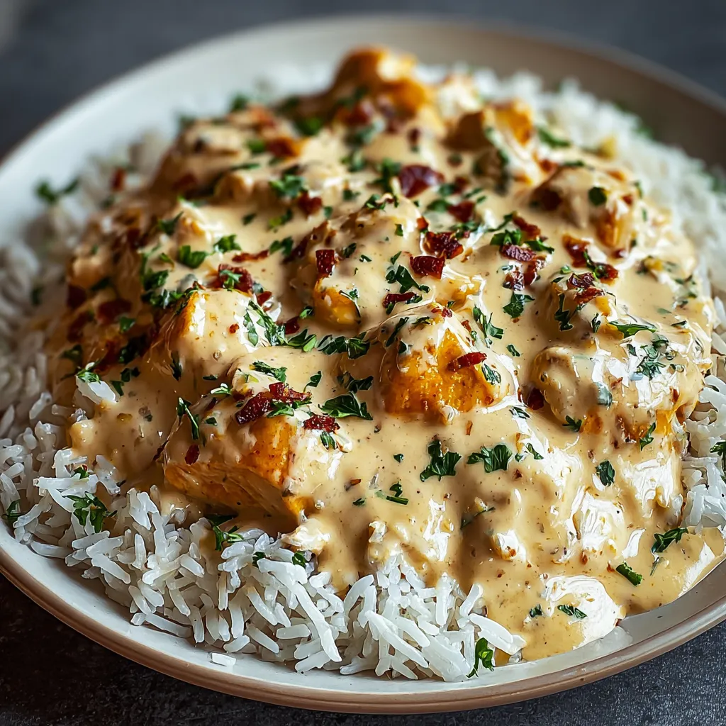 Close-up of delicious Creamy Smothered Chicken And Rice, showcasing its creamy sauce and tender chicken pieces.