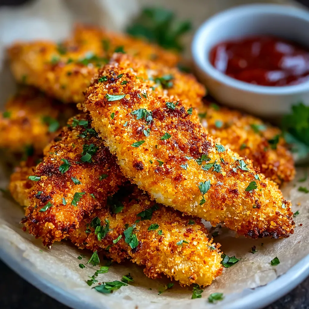 Close-up shot showcases the golden-brown, crispy coating of freshly baked Crispy Baked Chicken Tenders.