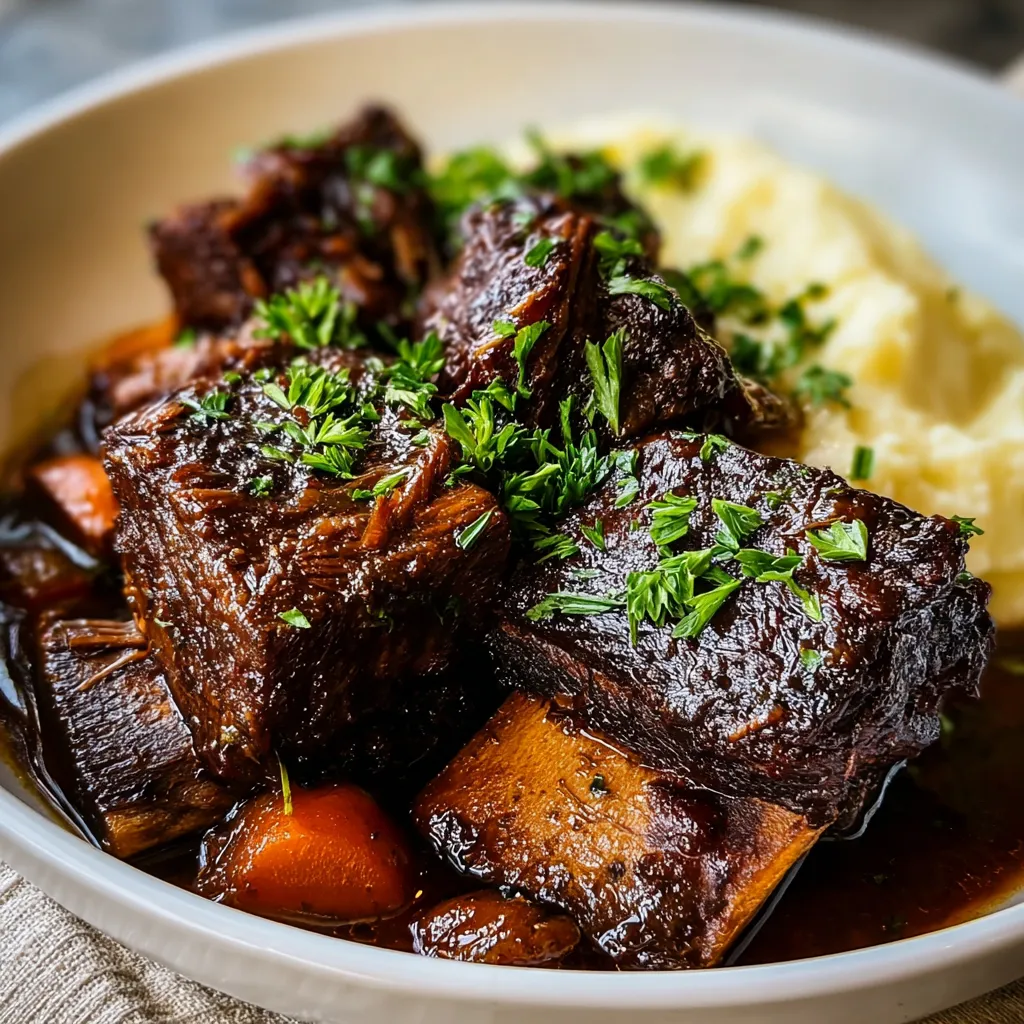 Close-up of tender, braised Crockpot Beef Short Ribs, ready to be served.
