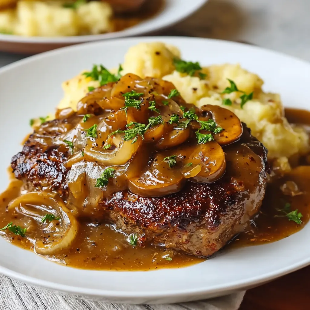 Close-up view of Cube Steak Smothered With Onion Gravy, ready to be served.