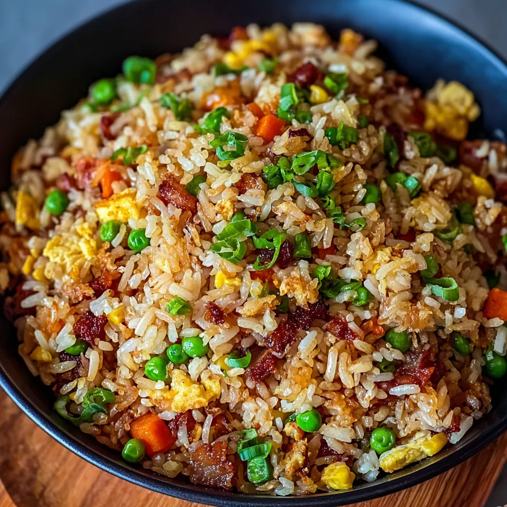 A close-up shot showcases a colorful and appetizing plate of freshly prepared Fried Rice.