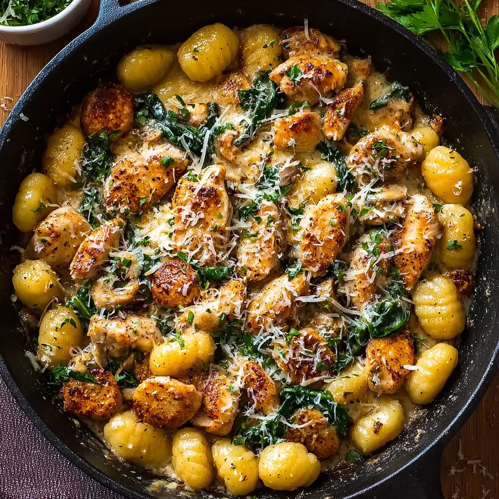 Garlic Chicken Gnocchi Skillet Dinner Close-up shot of a bubbling Garlic Chicken Gnocchi Skillet Dinner, showcasing the creamy sauce and tender chicken.