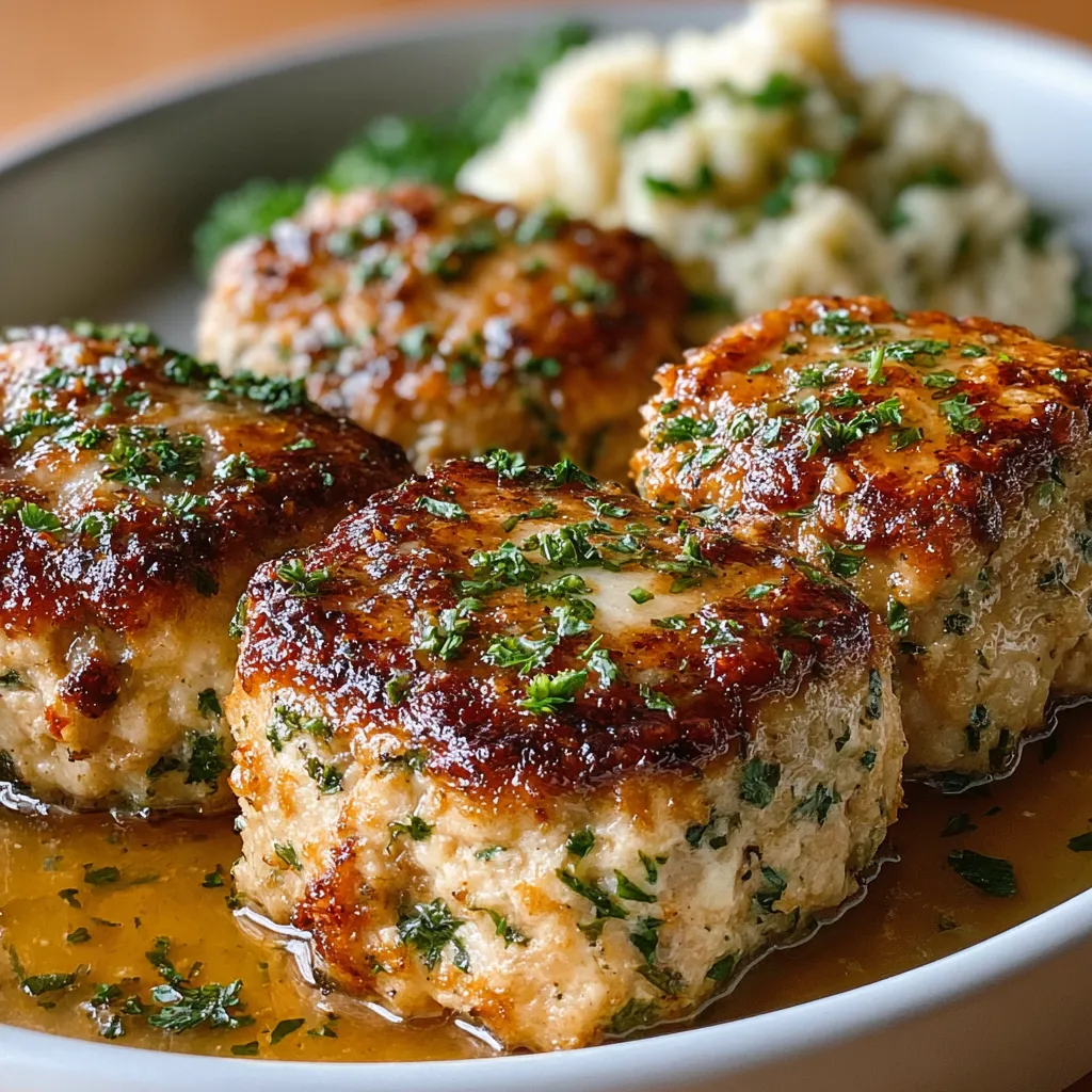 Close-up shot of freshly baked Garlic Parmesan Chicken Meatloaves showcasing their golden-brown crust.