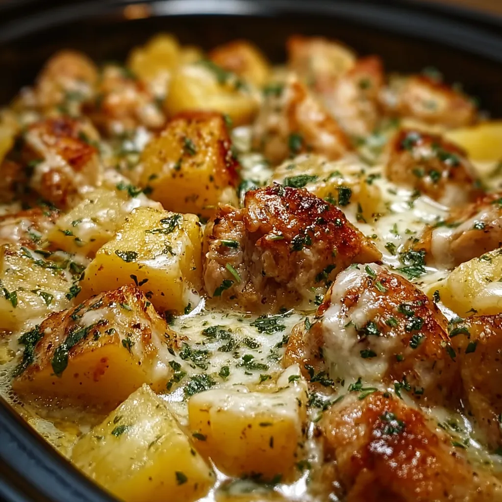 Close-up of a delicious serving of Garlic Parmesan Crockpot Chicken And Potatoes, showcasing the creamy sauce and tender chicken.