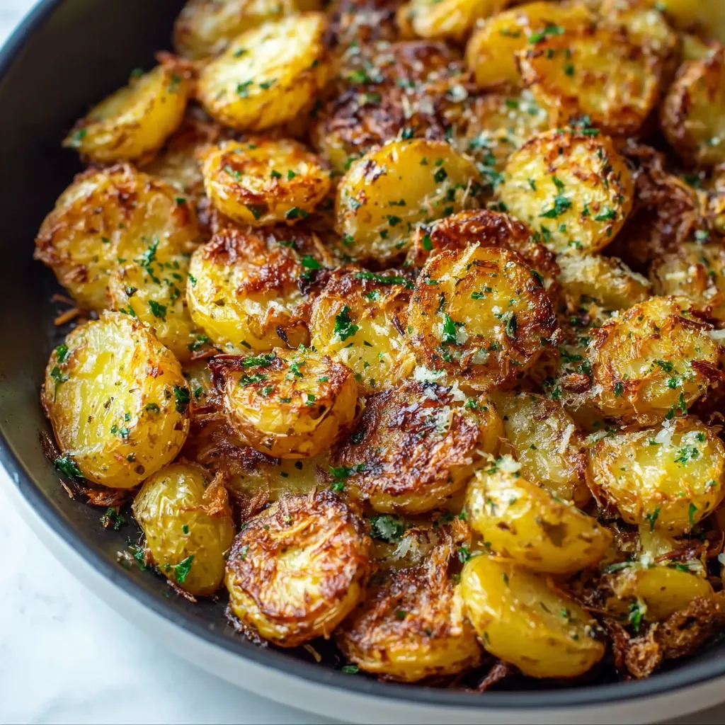 Close-up showing golden brown Garlic Skillet Potatoes sizzling in a cast iron skillet.