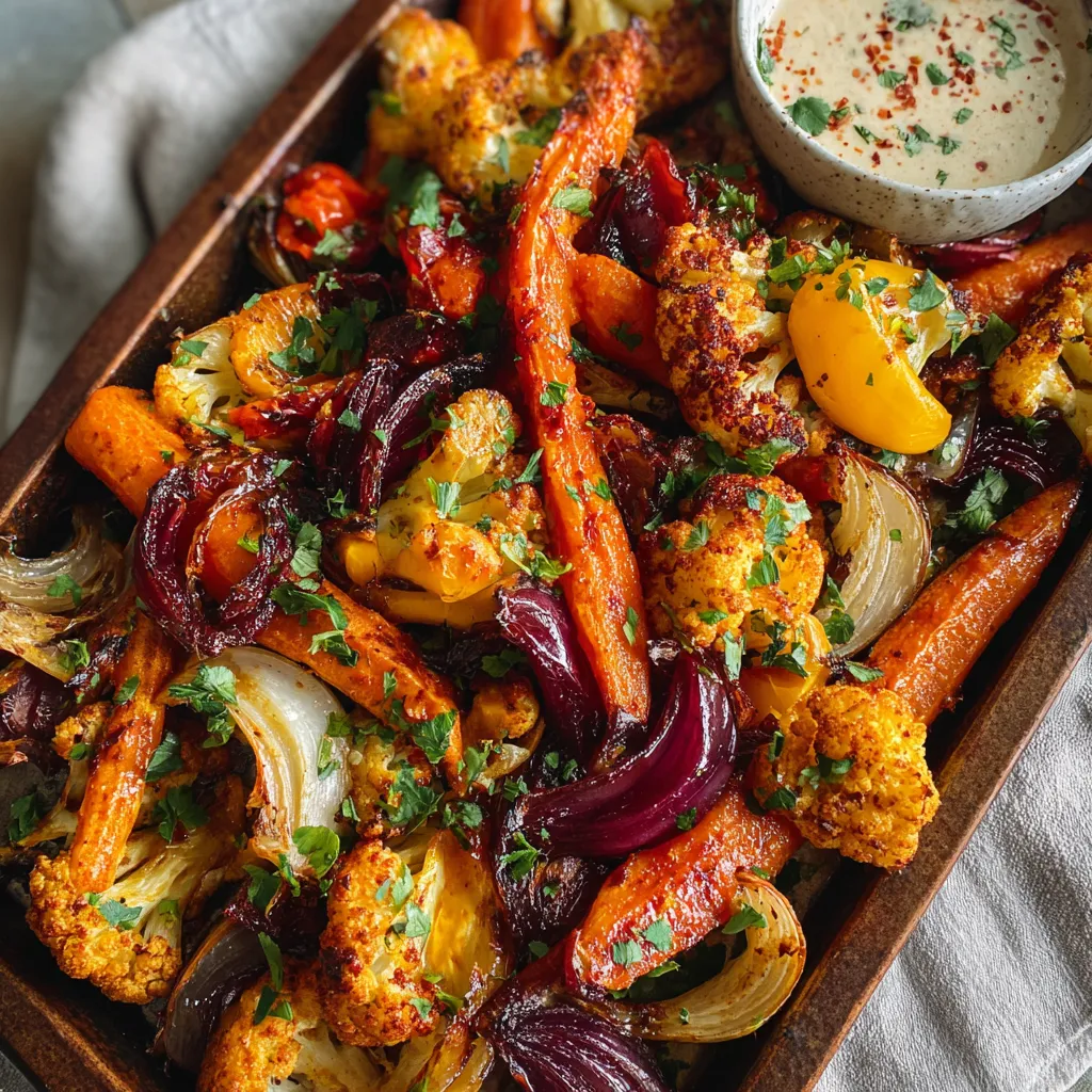 Close-up of vibrant Harissa Roasted Veggies, showcasing the colorful vegetables and spicy glaze.