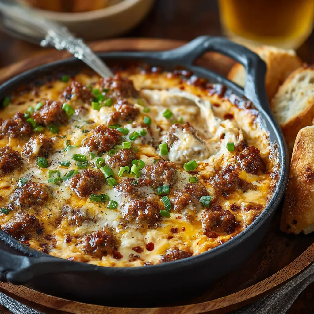 Close-up of creamy Hot Sausage Beer Cheese Dip, perfect for dipping and sharing.
