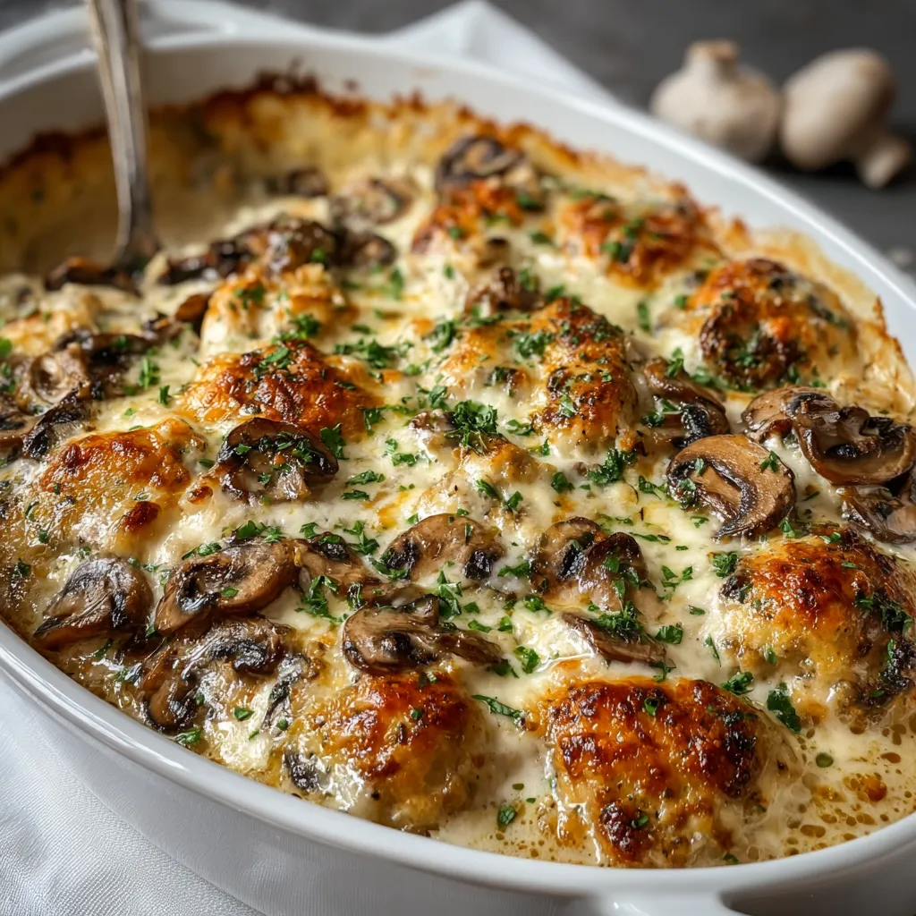 Close-up view of a creamy and delicious Keto Garlic Mushroom Chicken Casserole, showcasing the golden-brown topping and tender chicken and mushrooms.