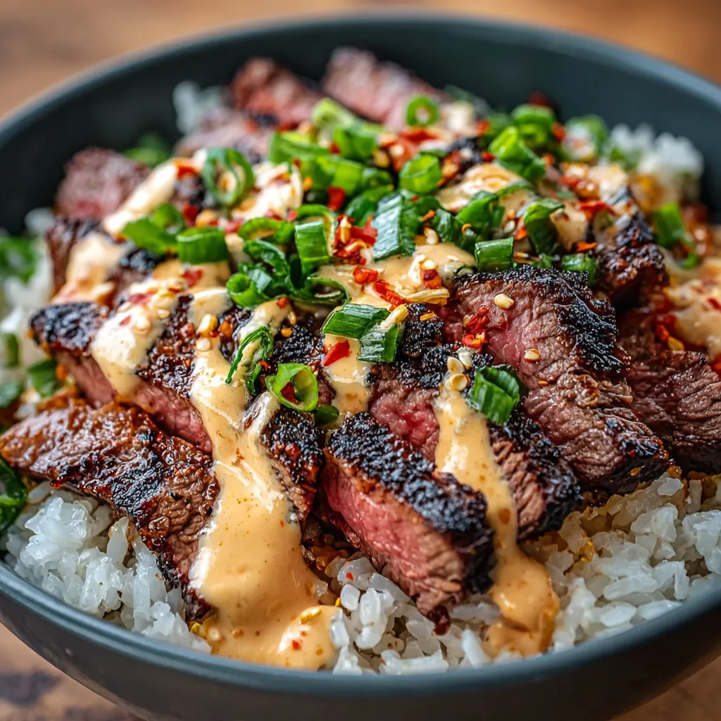 Close-up view of delicious Korean BBQ Steak Rice Bowls, showcasing the marinated steak, colorful vegetables, and fluffy rice.