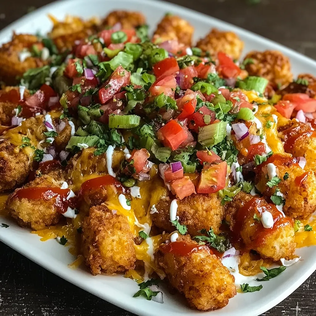 Close-up of cheesy Loaded Tater Tot Nachos with various toppings.