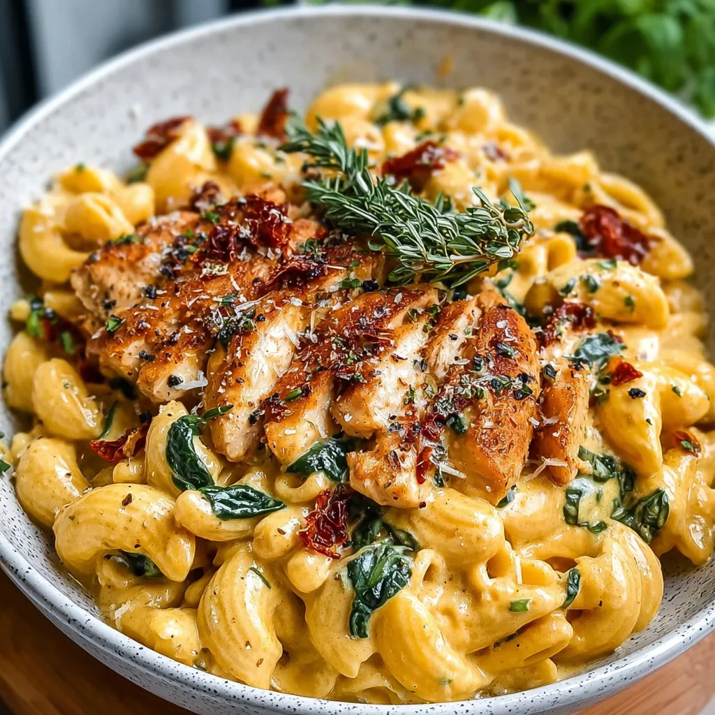 Close-up shot of creamy Marry Me Chicken Pasta, showcasing its rich sauce and tender chicken.