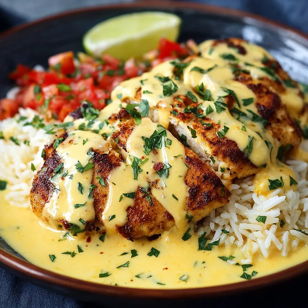 Mexican Chicken With Cheese Sauce is pictured in a close-up shot, showcasing the creamy sauce and tender chicken.