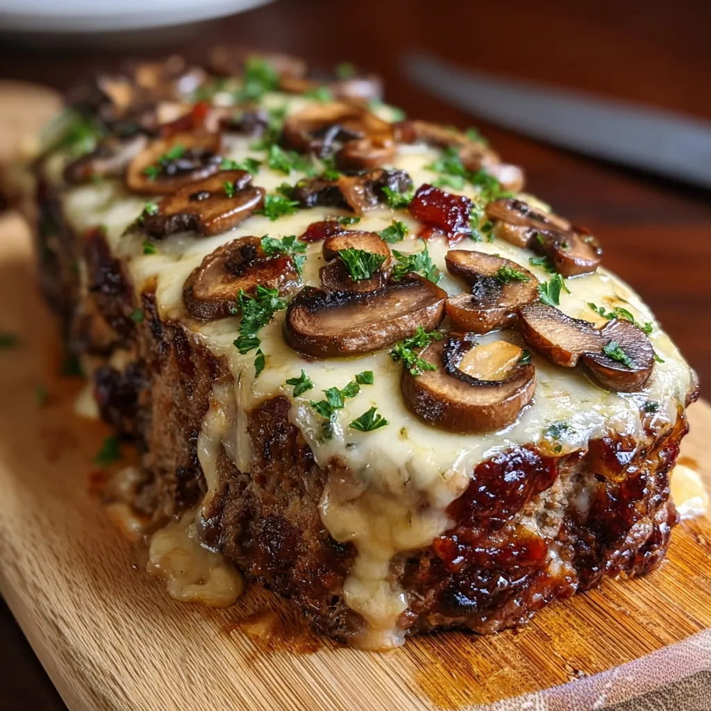 A close-up shows a freshly baked Mushroom Swiss Cheese Meatloaf, revealing the melted Swiss cheese and savory mushroom filling.