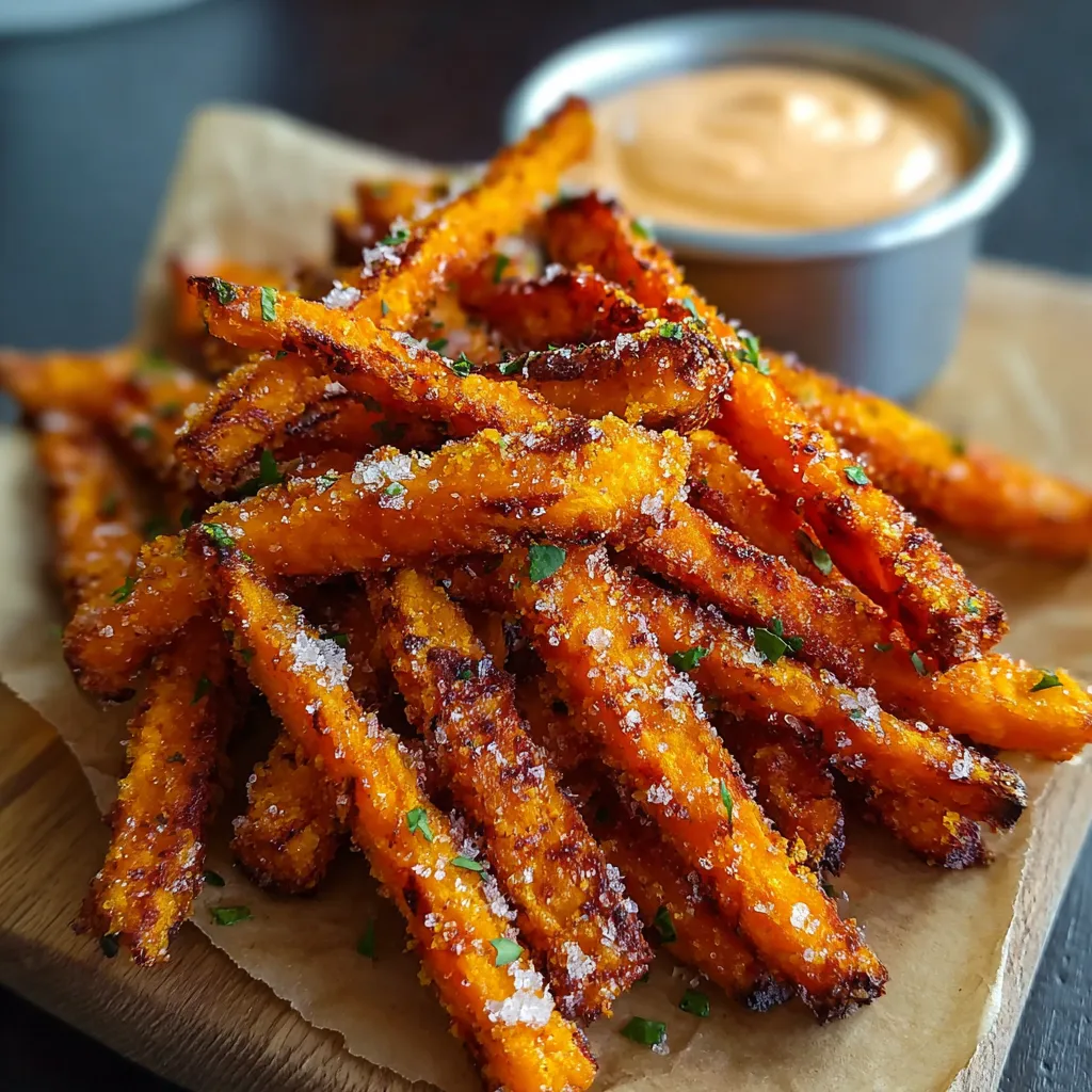 Close-up shows perfectly crispy Oven-Baked Sweet Potato Fries arranged on a plate, ready to be enjoyed.
