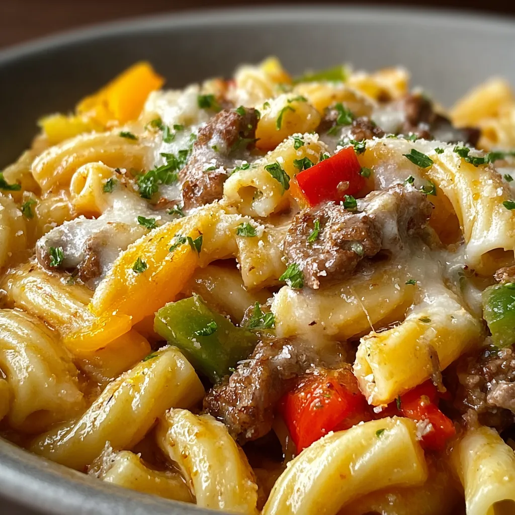A close-up shot showcases a delicious serving of Philly Cheese Steak Pasta.