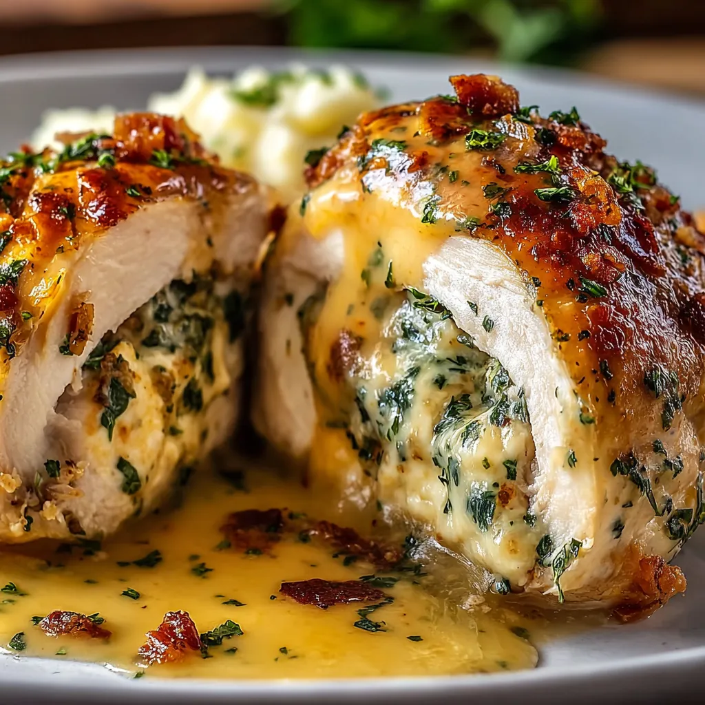 A delicious close-up of Ruth’s Chris Stuffed Chicken, showcasing its golden-brown crust and creamy filling.