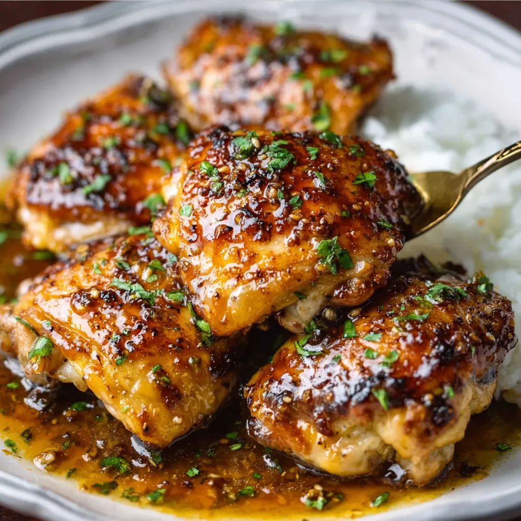 Close-up shot of juicy and flavorful Soy Garlic Chicken Thighs, showcasing their glistening glaze and tender texture.