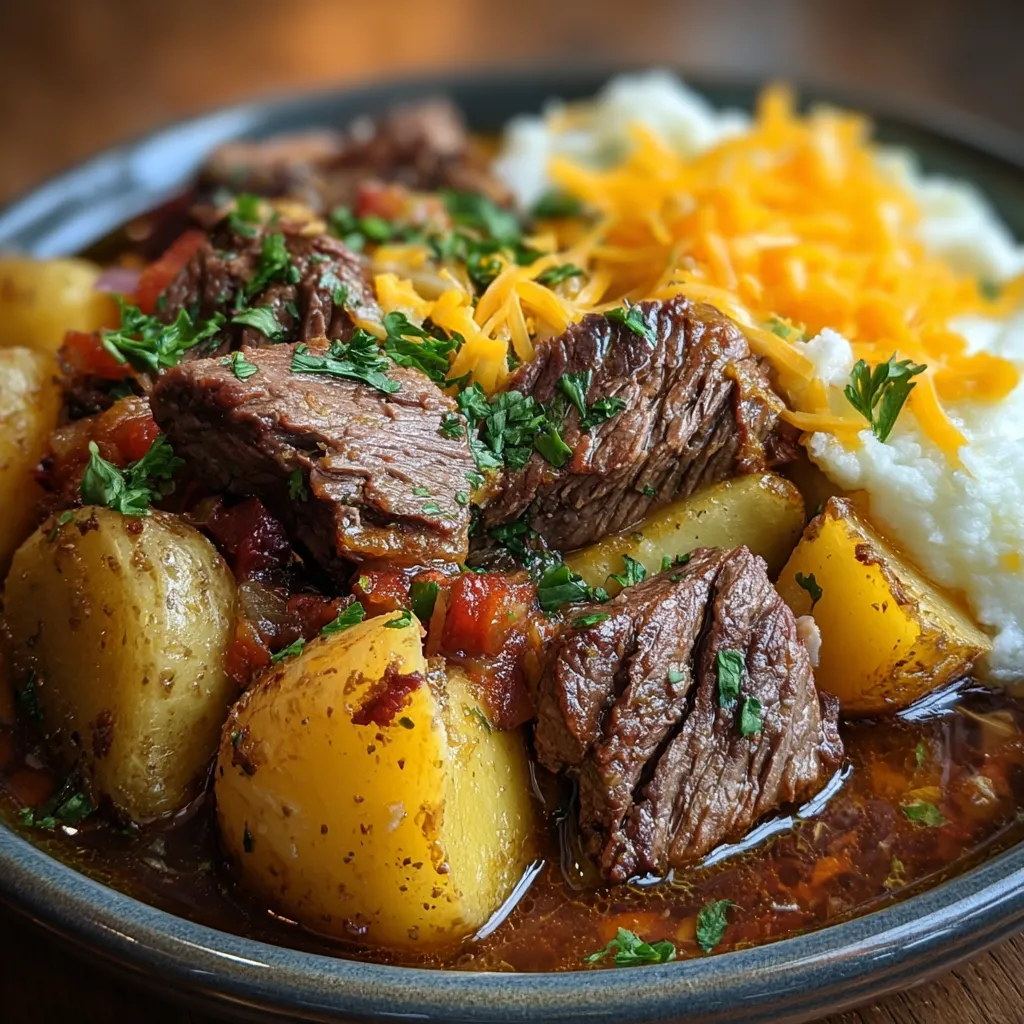 Close-up view of a delicious Steak Cheddar Potato Slow Cooker meal, ready to be served.