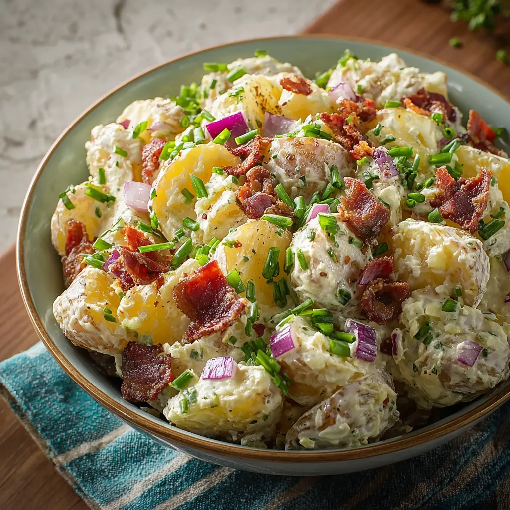 Close-up of creamy Steakhouse Potato Salad, perfect for pairing with grilled steaks.
