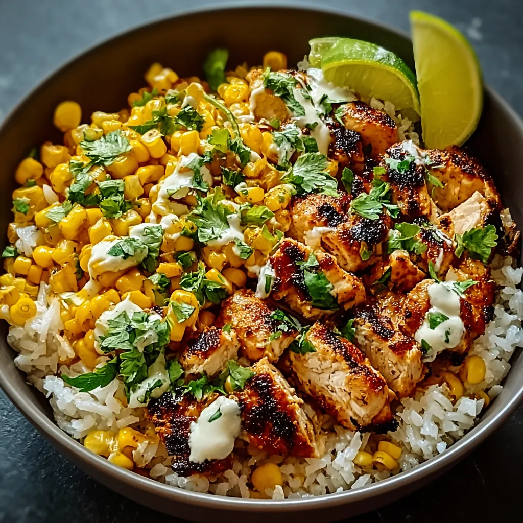 Close-up of a delicious Street Corn Chicken Rice Bowl, showcasing the vibrant colors and textures of the dish.