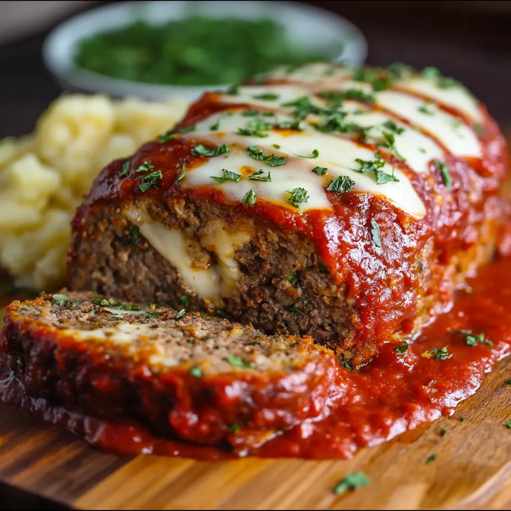 Close-up shot of a delicious Stuffed Italian Meatloaf Dinner, showcasing the flavorful filling.