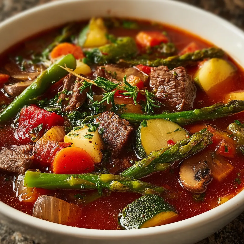 A close-up shot showcases the hearty ingredients of the comforting Vegetable Beef Soup, including tender beef chunks, vibrant vegetables, and rich broth.