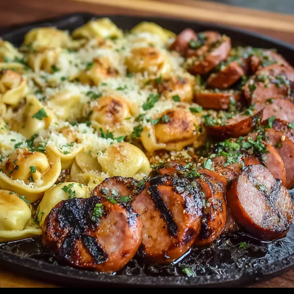 Close-up of delicious Blackstone Grilled Kielbasa sizzling on a Blackstone griddle, ready to be served.