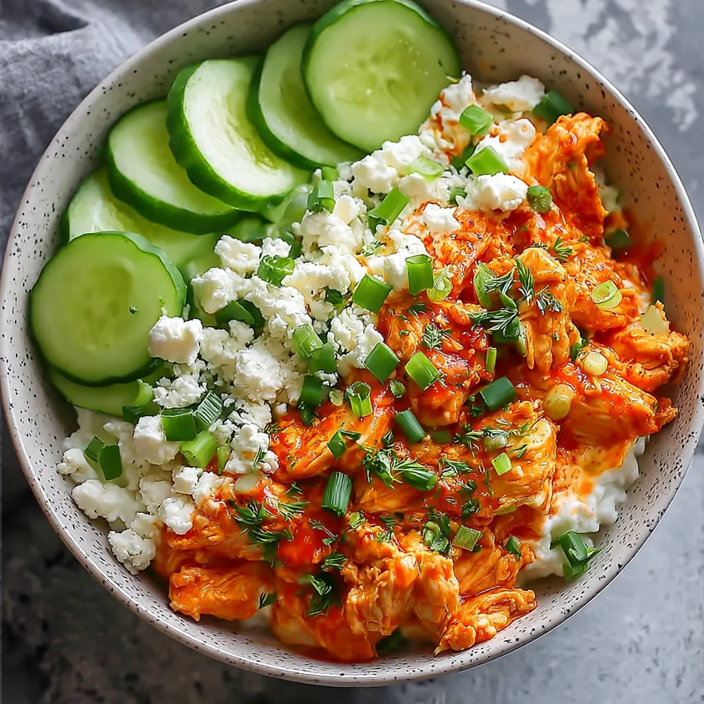 Close-up view of a prepared Buffalo Chicken Cottage Cheese Bowl, showcasing the creamy cottage cheese, shredded chicken, and buffalo sauce.