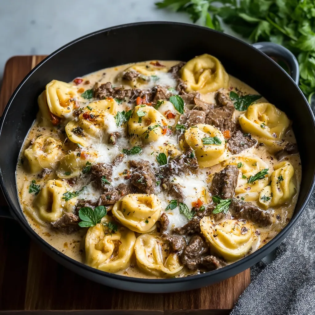A close-up showcases creamy Cheesesteak Tortellini, highlighting the pasta and flavorful filling.