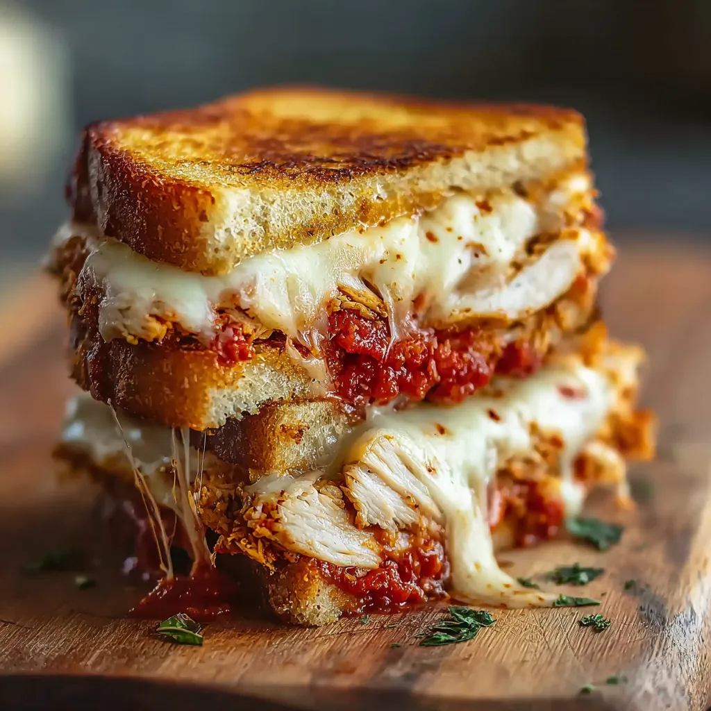 Close-up of a delicious Chicken Parmesan Grilled Cheese Sandwich, showcasing melted mozzarella and crispy bread.