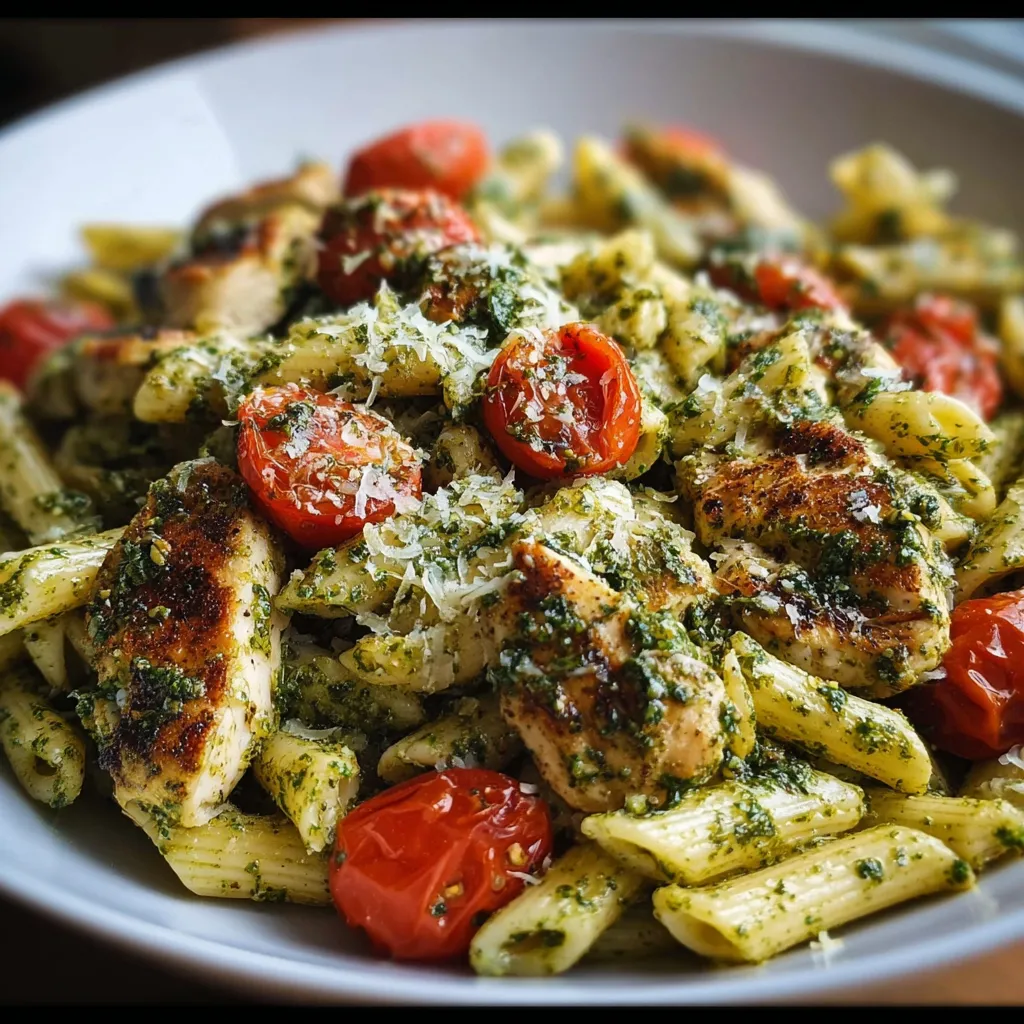 A close-up shot of creamy Chicken Pesto Pasta, ready to be served and enjoyed.