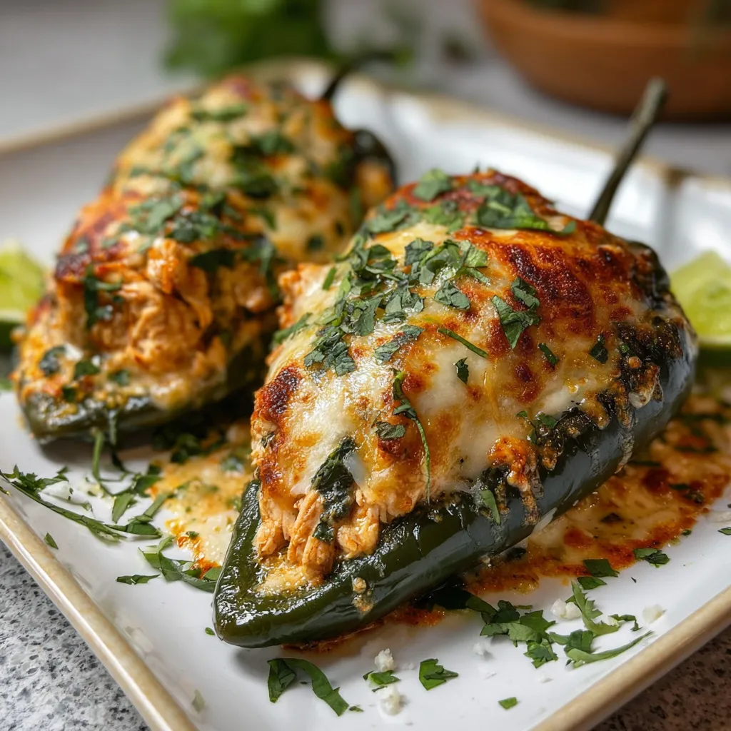 Chicken Stuffed Poblano Peppers filling spilling out, showcasing the ingredients inside.