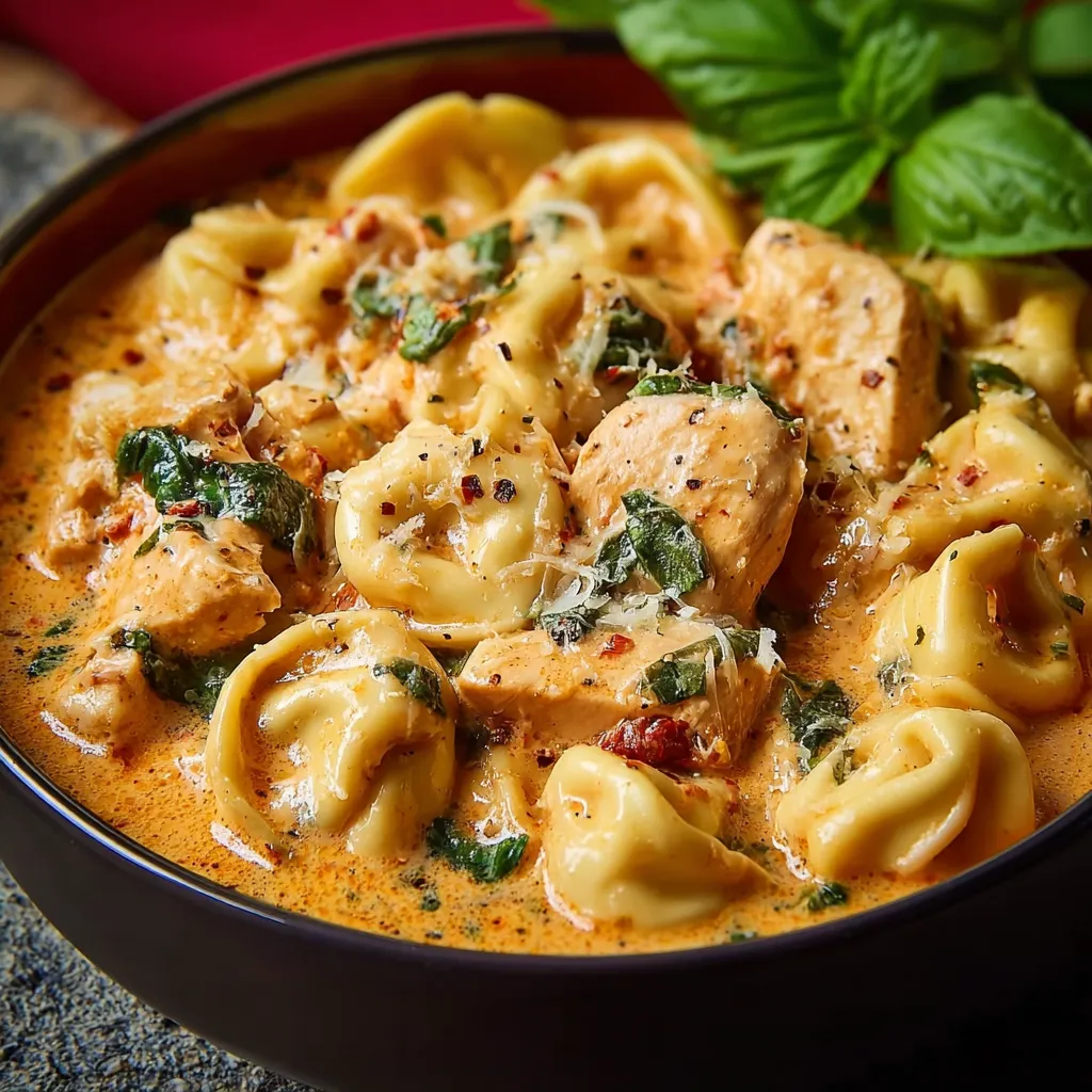 Creamy CrockPot Chicken Tortellini simmering in a crockpot, showcasing its rich, creamy texture.