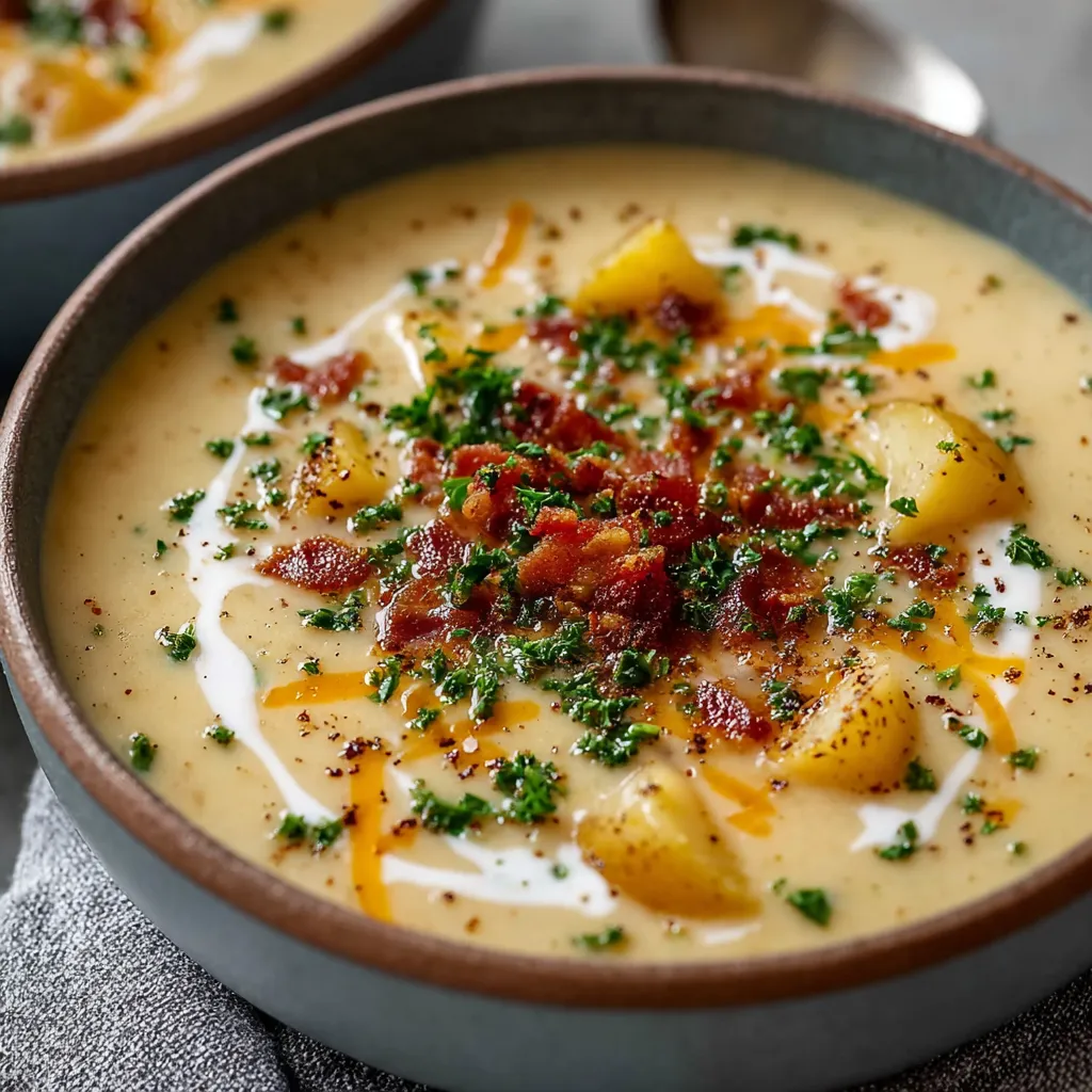 Close-up shot of a bowl of Creamy Potato Soup, highlighting its creamy texture and garnished with fresh herbs.