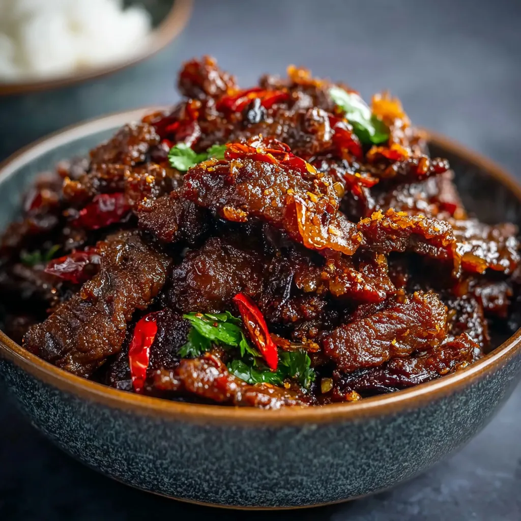 Close-up of perfectly cooked Crispy Chilli Beef, showcasing its vibrant colours and crispy texture.