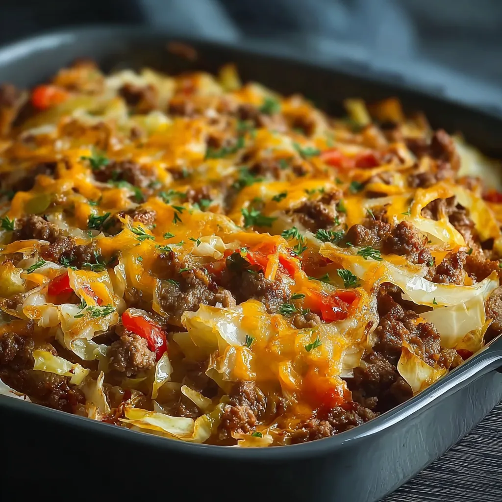 Close-up view of a delicious Cabbage Beef Bake, showcasing the layers of cabbage, beef, and cheese after being baked to perfection.