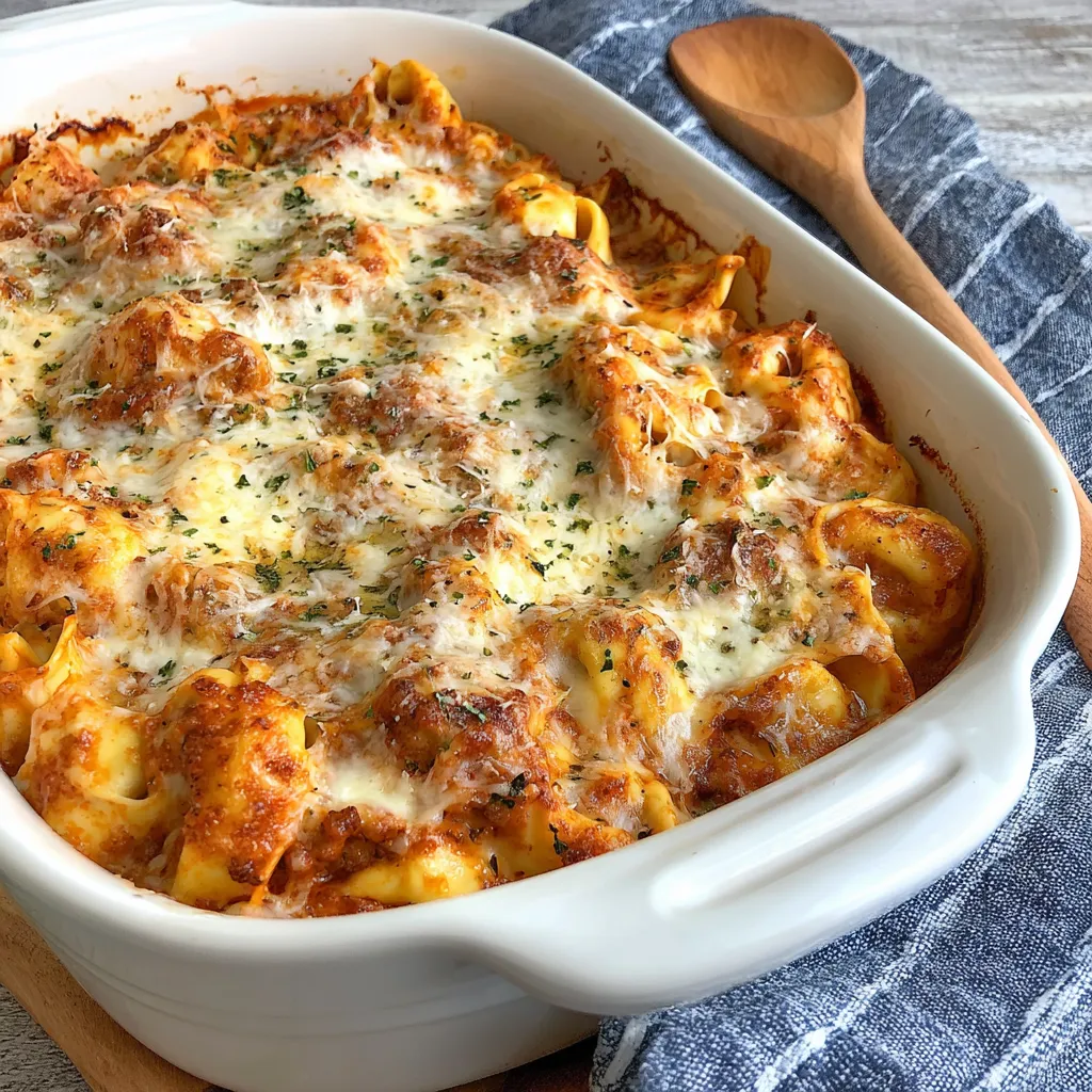 A close-up shot showcases the creamy, bubbly cheese topping of the delicious Cheesy Baked Tortellini Casserole.
