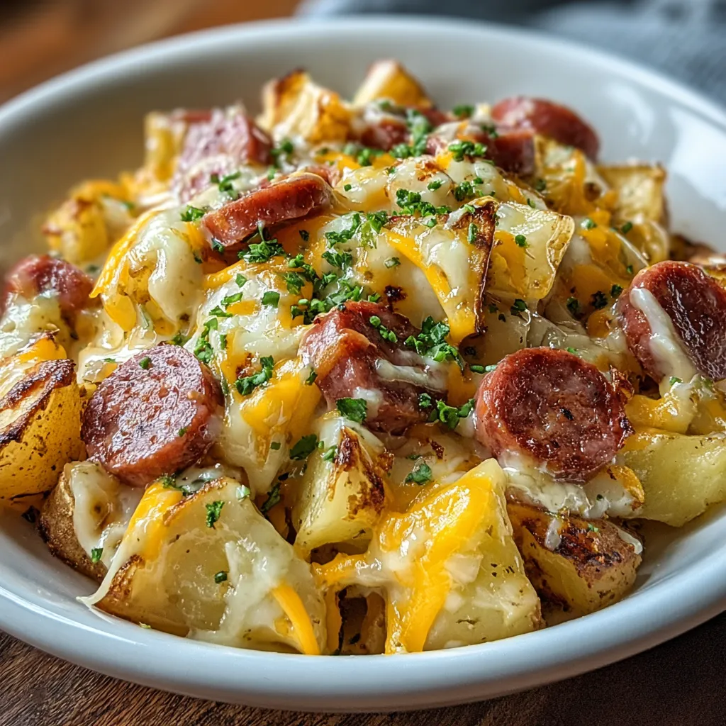 A close-up shows a delicious serving of Cheesy Ranch Potatoes And Smoked Sausage, highlighting the melted cheese and savory sausage.