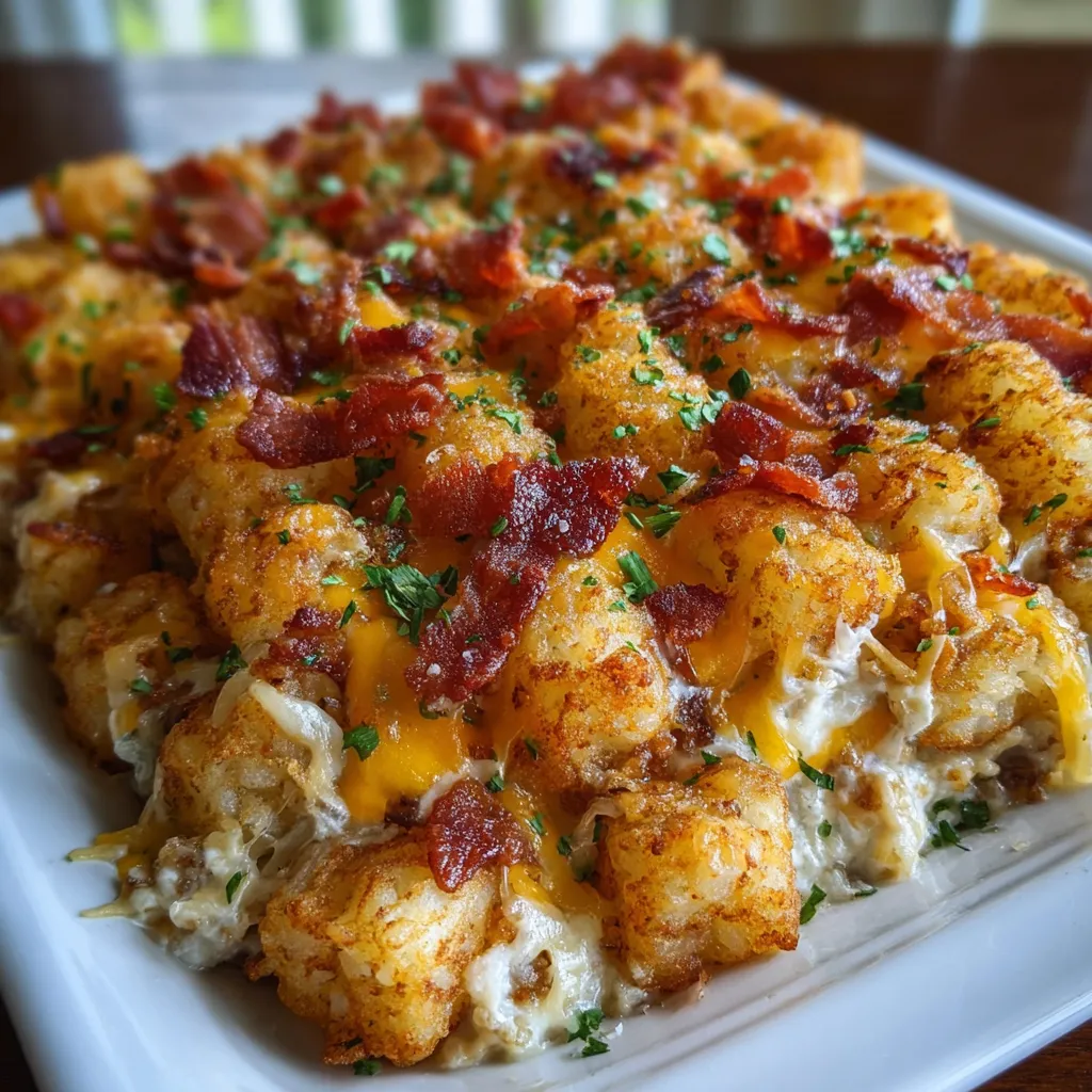 A close-up shot showcases a delicious slice of Chicken Bacon Ranch Tater Tot Casserole, revealing its creamy interior and crispy tater tot topping.