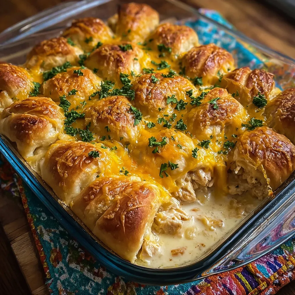 A close-up shows a freshly baked Chicken Crescent Bake, highlighting its golden-brown crescent roll crust and creamy filling.