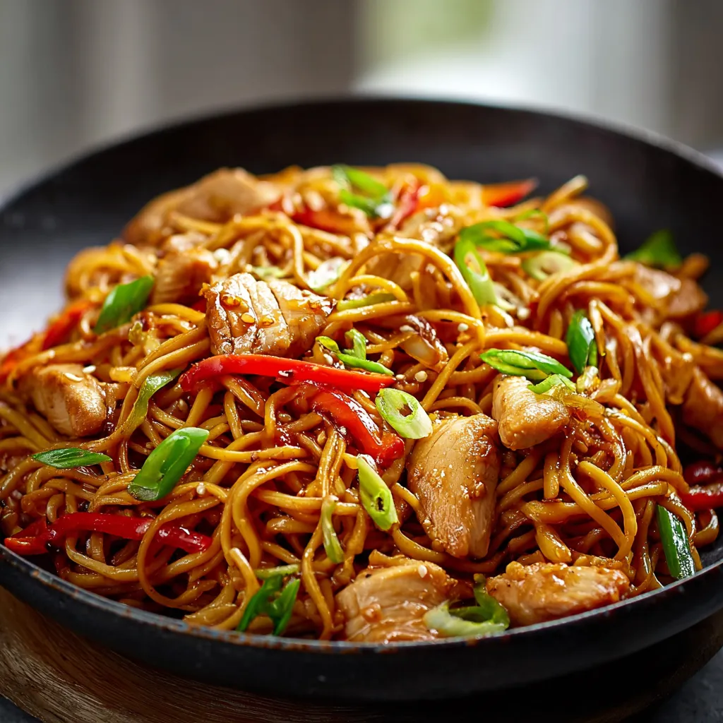 A close-up shot of freshly made Chicken Lo Mein showcases the noodles, chicken, and vegetables.