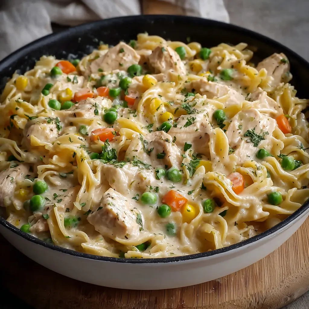 Close-up of creamy Chicken Pot Pie Pasta with golden-brown crust topping in a white bowl.